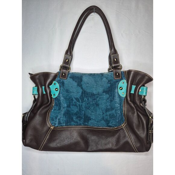 OILLILY Brown and Teal Leather Embroidered Handbag - Picture 1 of 4